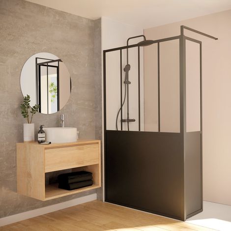 Paroi de douche 40 cm – Hauteur 200 cm – Profilé aluminium époxy noir mat – Verre de sécurité – Accessoire inclus – Gelco Design (1/3)