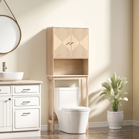 Meuble WC dessus de toilette meuble toilettes WC rangement avec placard à double porte étagères 66 x 25 x 168 cm, chêne (1/5)