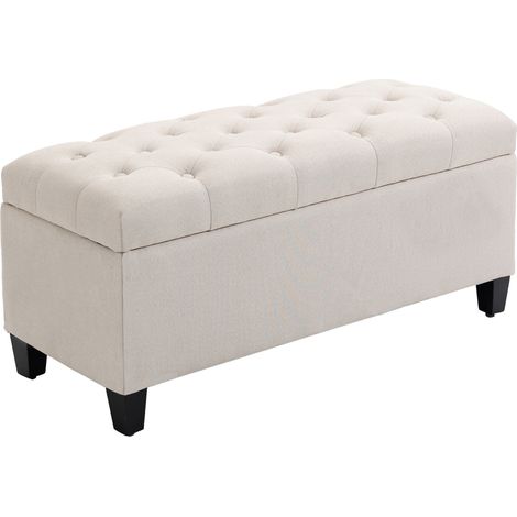 Panca contenitore imbottita in poliestere effetto lino, bianco crema, 100 x 40 x 44 cm (1/5)