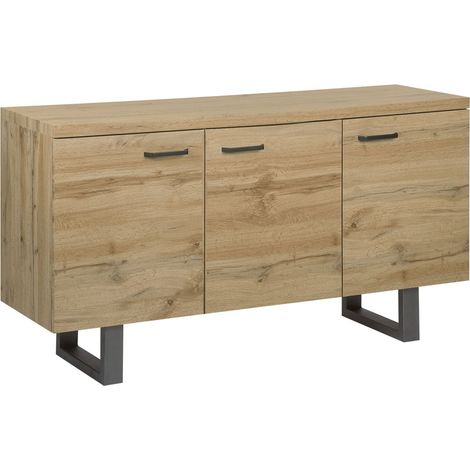 Aparador de 3 puertas de madera clara con patín gris base de metal asas de aluminio gabinete con estantes industrial Timber (1/5)