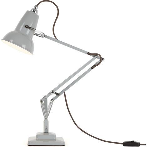Lampe de table, gris tourterelle, idéale pour bureau ou chevet, bras flexible, finition peinture brillante avec abat-jour en acier, base en fonte avec couvercle en acier (1/5)