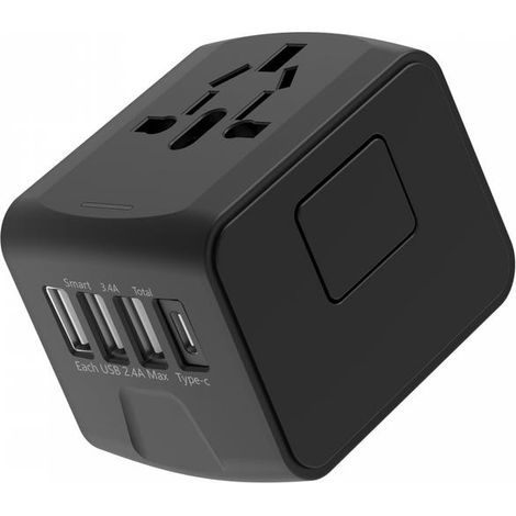 18W universal travel adapter, 3 USB ports + 1 Type-C port, standard plug, black. (1/5)