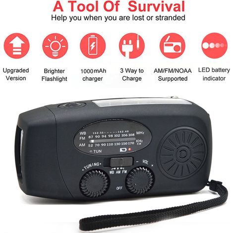 Filiyano – lampe torche LED solaire – Radio à manivelle intelligente (radio d'urgence) avec lampe torche LED solaire et batterie externe noire (1/4)