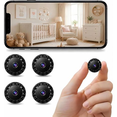 Lot de 4 Mini Caméras Surveillance - HD 1080P Vision Nocturne - Détection Mouvement - Compatible Smartphone Intérieur