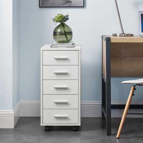 [en.casa] Armario de oficina - 63 x 33 x 38cm - Mueble de oficina - Gabiente de archivos - 5 cajones - Blanco