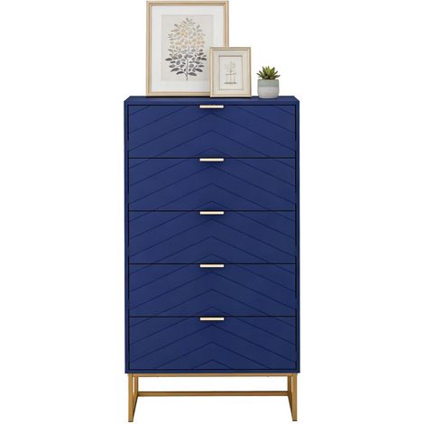 Kommode mit 5 Schubladen, Holz, Metallfuß, Highboard, Beistellschrank, Dunkelblau (1/5)