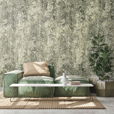 Fotomural Profhome 393131 papel pintado vinílico estampado en caliente tejido non tejido liso con palmeras mate verde gris 1,59 m x 2,8 m
