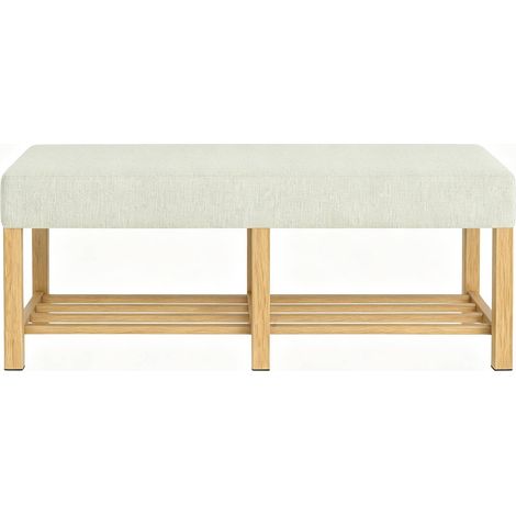CHICFURN Banco zapatero con asiento tapizado en tela beige y madera clara, zapatero recibidor 120 cm con estante abierto, banco para entrada de 2 plazas (1/5)