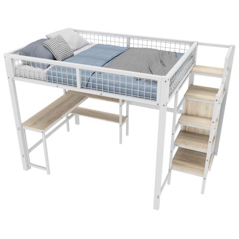 Cama altillo con escritorio, cama altillo de 140x200 cm con estantes, armario integrado, estructura de hierro, blanco (1/5)