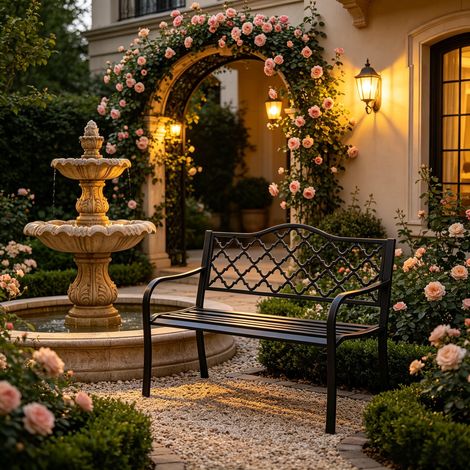 Banquette extérieure élégante avec dossier au design géométrique, banc de jardin, banc de patio avec accoudoirs (1/5)