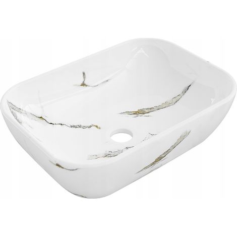 Vasque à poser rectangulaire Silla, lavabo salle de bain en céramique 45,5x32,5x13,5 cm, design moderne, installation facile, Blanc/Or