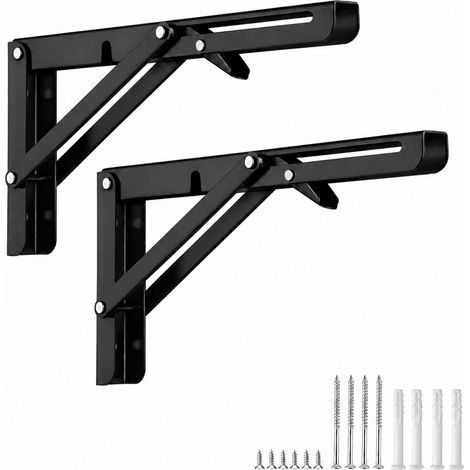 15cm Équerre Pliante Étagère en Acier Inoxydable Noir, 2 Pièces Support Tablette Rabattable Charge Lourde Max 30kg, Console Pliable pour Table Murale, Établi, Gain de Place (1/5)