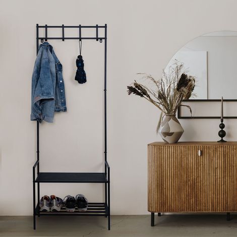 Garderobe mit Schuhschrank schwarz Jackenständer Metall Dogstation Garderobe Leinenparkplatz Hund, 4x Kleiderhaken, Ablage MDF, freistehend, H 168,5 cm