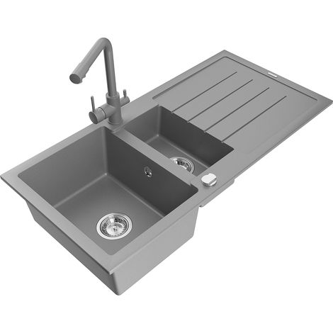 Mexen Andres fregadero de granito de 1,5 senos con escurridor y grifo de cocina Duero, gris - 6515-71-671600-71 (1/5)