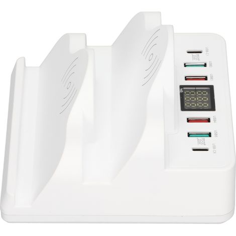 Station de charge USB 6 ports avec 2 chargeurs sans fil pour téléphones, compatible QC 3.0 et USB-C, avec écran LCD et prise UE. (1/5)