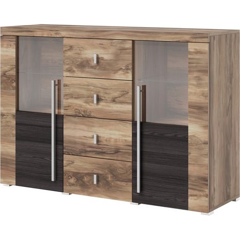 Buffet BRAZZA 2 porte 4 cassetti – Finitura noce satinato – Nicchie aperte e vetrine – 132 cm