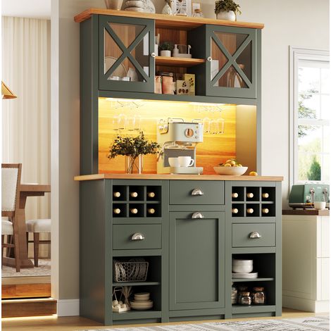 Mueble alto de cocina 120 x 45 x 188 cm con LED, portavasos y botellero verde DESVIAE (1/5)