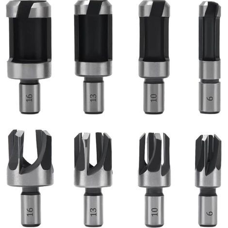 8 Pièces Fraise à Bouchonner Bois, Mèche à Bouchon Bois 6 mm/10 mm/13 mm/16 mm, Acier Carbone Bois Plug Perceuse pour le Travail du Bois, Forets à Bois à Griffe et Coniques (1/5)
