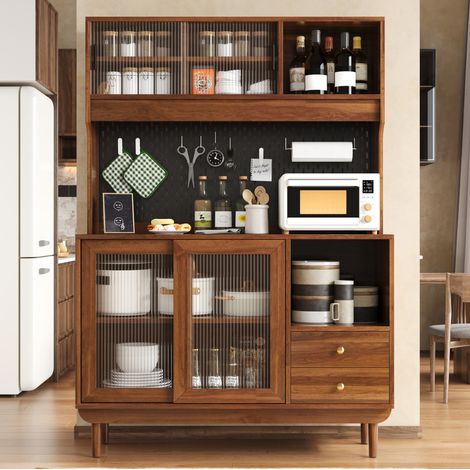 Buffet de cuisine 117 x 30 x 170 cm en bois foncé, 4 portes coulissantes en verre strié, 2 tiroirs, niches ouvertes et panneau perforé, rangement polyvalent – CHICFURN (1/5)