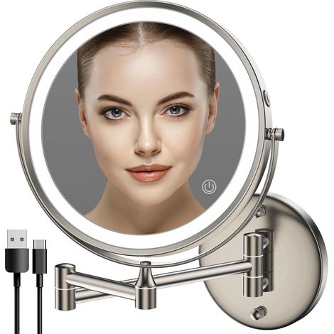 Espejo de maquillaje iluminado para montaje en pared, aumento de 1x/10x, funciona con pilas, rotación de 360°, doble cara, brazo extensible y plegable, 20 cm (8 pulgadas), niquelado. (1/5)