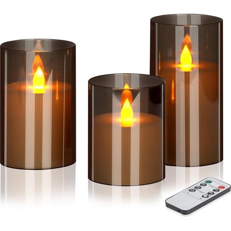 Flammenlose Kerzen 4", 5" und 6" Set mit 3 Acrylglassäulen mit 8-Tasten-Fernbedienung und Timerfunktion (Grau, 3 Stück)