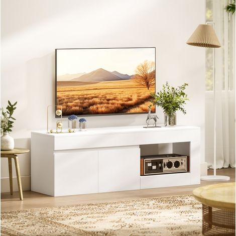 Mueble TV 140x40x48 cm de aglomerado blanco con almacenaje para salón - CHICFURN (1/5)