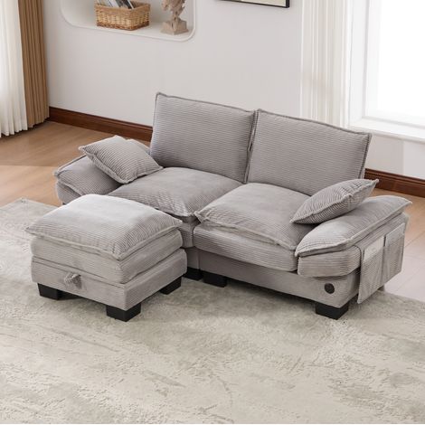 Sofá modular de 2 plazas de pana acanalada con puf, gris claro (1/5)