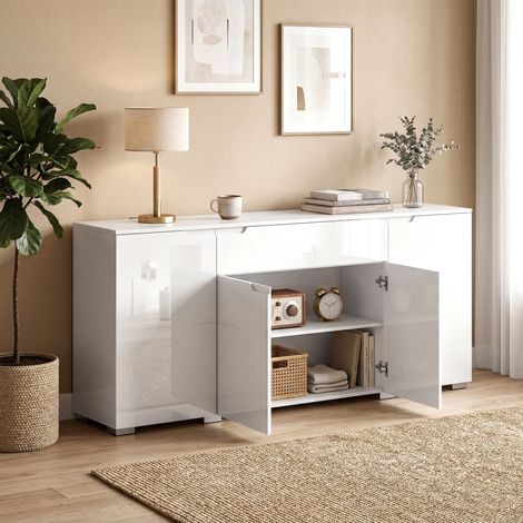 Buffet laqué brillant, commode moderne à 4 portes et étagères réglables, fermeture amortie, blanc