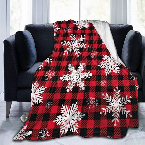 Manta Navidad - Microfleece Suave - Estampado Cuadros Buffalo y Copos de Nieve - Negro Rojo - Para Sofá Cama o Exterior - 1 Unidad (1/4)