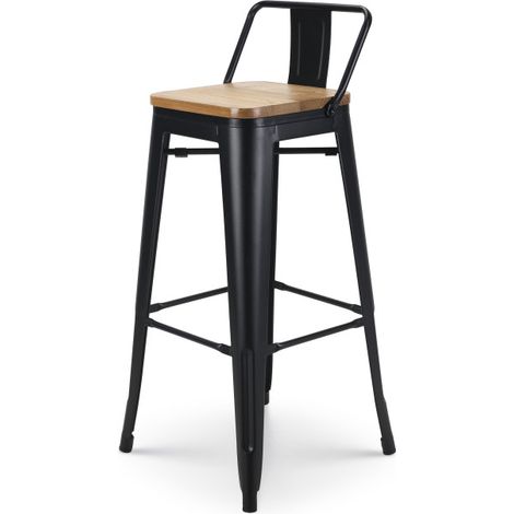 Sgabello da bar in metallo nero opaco stile industriale con schienale e seduta in legno chiaro - Altezza 76 cm (1/5)