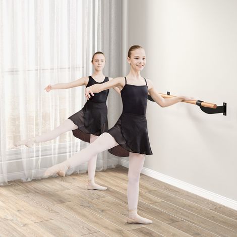 Barre de Danse Murale 120 cm Hauteur Fixe Ø 38 mm en Bois de Hêtre pour Yoga Etirements Exercice Noir & Naturel (1/2)