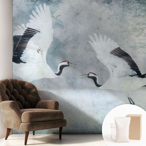 Papier peint intissé à motifs décoratifs pour salon chambre et bureau Décoration murale élégante avec colle Grues harmonieuses 250x250 cm (1/5)