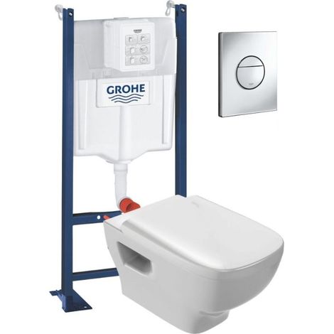 WC suspendu sans bride Jacob Delafon Struktura + abattant + Bâti support + Sail Plaque de commande WC rond chromé (1/5)