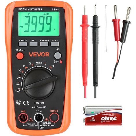 VEVOR Multimetre Numerique, 4000 Points, Multimetre Professionnel TRMS Voltmetre Test de Tension CA CC, Courant, Resistance, Capacitance, Frequence, Temperature, Diodes, Continuite, Cycle de Service