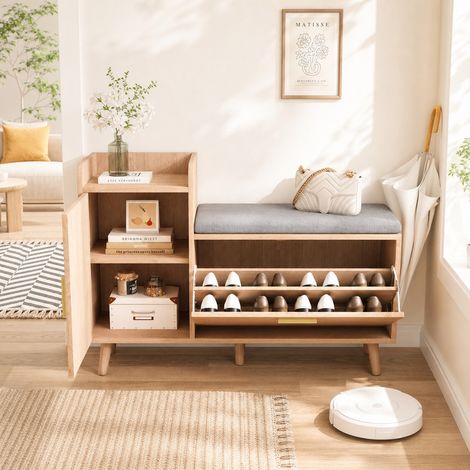 Banc à chaussures rembourré scandinave 100x30x70cm, Meuble à chaussures avec rangement caché, coffre intégré, bois massif, support 150kg, entrée, salon, design moderne