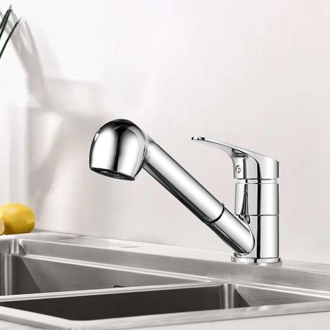 Grifo de cocina extensible, grifo giratorio de 360°, grifo para fregadero con salida de agua/ducha tipo columna, 2 modos, para cocina, cromado (1/4)