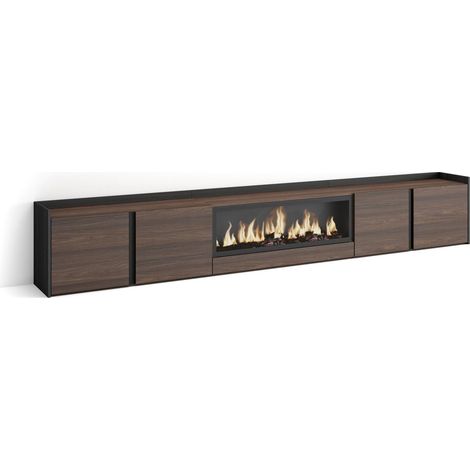 Skraut Home - Mobile TV Soggiorno, Ampio spazio a disposizione, 315x35x50cm, Per TV fino a 80", Camino elettrico XXL, Stile moderno, Rovere scuro e Nero