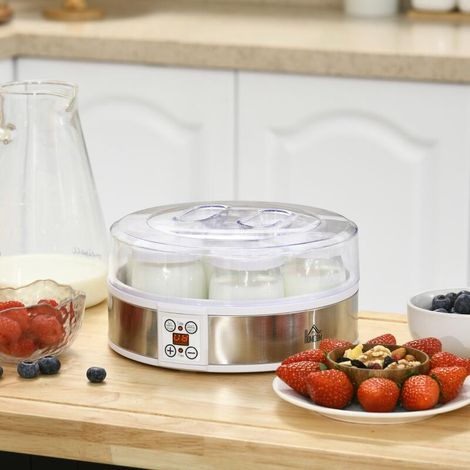 Machine à yaourt, 7 pots en verre de 180 ml, machine à yaourt électrique en acier inoxydable avec température réglable, 24×24×13 cm, blanc (1/5)