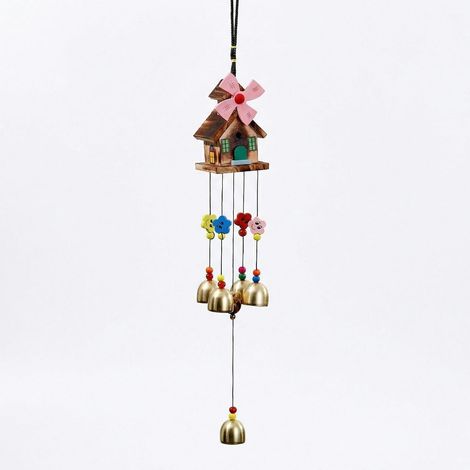 Holz Windspiel Haus & Windmühle, Bunte Gartendeko zum Aufhängen, Rosa