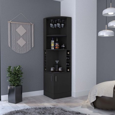 Mobile Bar Angolare Kava Beijing in Legno Nero con Cassetti per Bottiglie e Spazio per Vino, Dimensioni 180,6 cm L x 46,9 cm H x 46,9 cm P