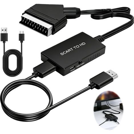 1 Convertisseur Péritel vers HDMI, Sortie 1080p 60Hz, Adaptateur Audio Vidéo, Plug and Play, pour DVD, VHS, Console