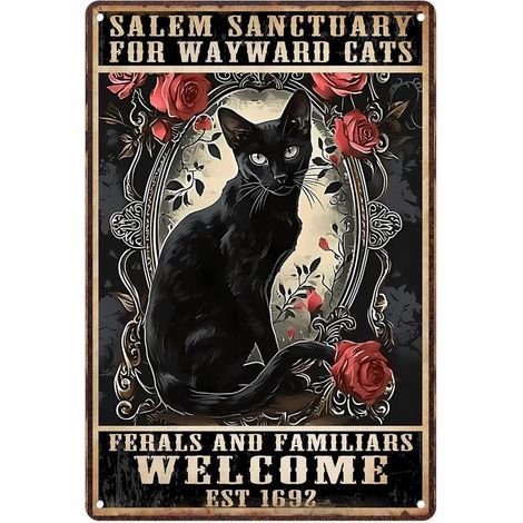 Plaque Métallique 20X30 Cm, Plaque de Fer Vintagée de Sorcière, Chat Noir, Sanctuaire Wayward Salem pour Décoration Murale, Maison, Salon, Cuisine, Jardin, Chambre à Coucher (1/5)