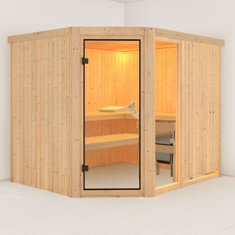 Sauna d'angle Karibu Fiona 3 épicéa 231x196cm 5-6 places (1/5)