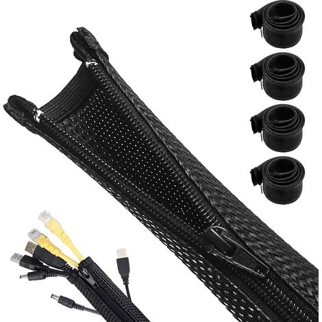 4 pièces Epissable Cache Gaine de Cable Fils Electrique, 1.5m Gaine Range Cable pour Management Bureau, Cacher Les Rangement Protection Cables Diamètre 2-2.5cm, Cache Fil Zip pour TV, PC, USB (Black) (1/5)
