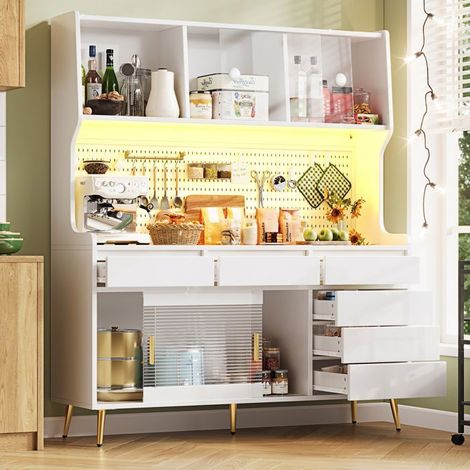 Buffet cuisine 150x40x170, rangement tiroir panneau perforé Buffet salle à manger, finition blanche, éclairage LED (1/5)