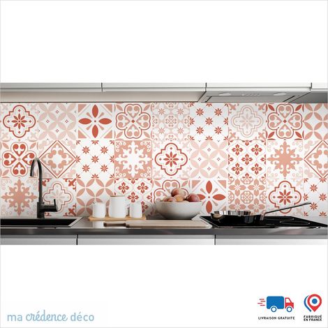 Crédence : Carreaux ciment classique 2 - Couleur Rouge saumon - Alu composite - 60 - 120 (1/3)