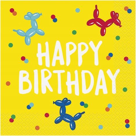 Tovaglioli di carta "Buon compleanno" con palloncini e cani, 33x33 cm, 16 pezzi.