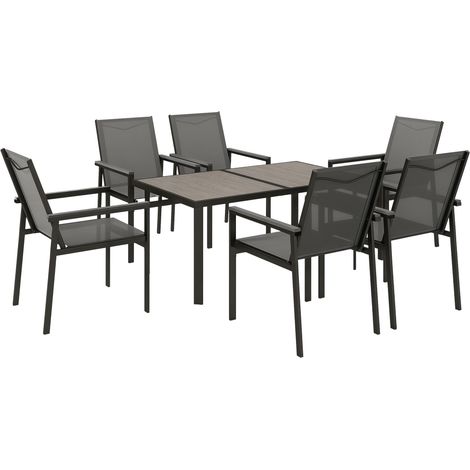 Seven-Piece Metal Dining Set, with Glass-Top Table - Grey