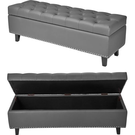 Mophorn Panca Contenitore in Similpelle con Spazio Interno e Gambe in Legno Massello, Panchina per Scarpe da Ingresso, Panca Imbottita per Soggiorno e Sala da Pranzo, Colore Grigio (1/5)