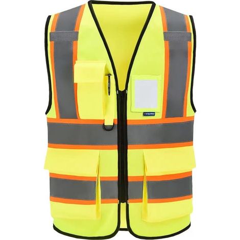 Deux gilets de sécurité, disponibles en plusieurs couleurs, avec 7 poches, gilets de sécurité réfléchissants de niveau 2, avec bandes réfléchissantes sur le devant, unisexes, vert fluorescent + orange (1/5)